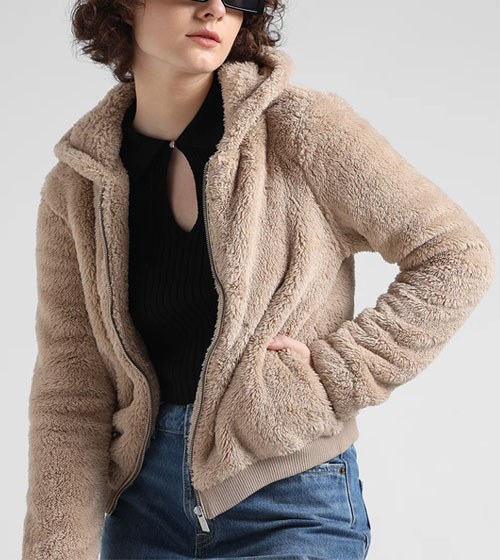 Beige Relaxed Fit Zip-Up Sherpa Jacket